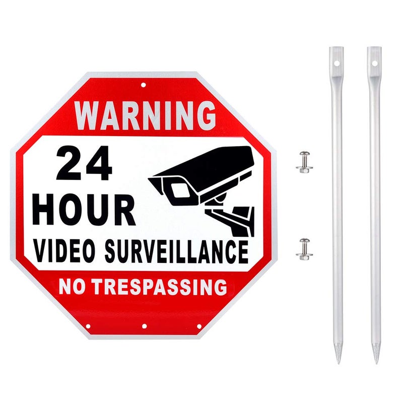 Kichwit Video Surveillance Sign No Trespassing Reflective Metal Sign, Octagon Shaped, Aluminum Yard Sign with Stakes, Measures 11.8" x 11.8" - Image 2